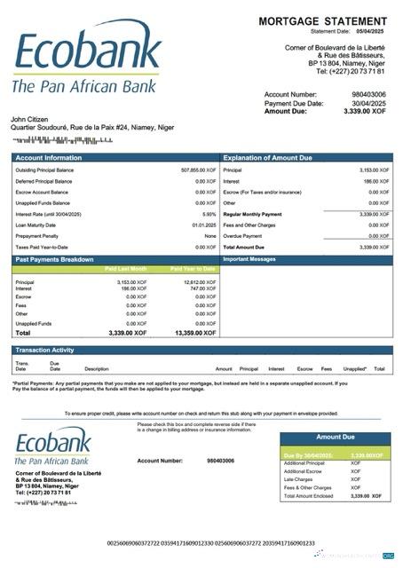 Download Niger Ecobank mortgage statement Word and PDF template Photoshop template